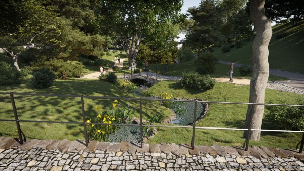 Pohled na nové koryto potoka a romantický mostek z nové piazzetty divadla směrem k jezírku