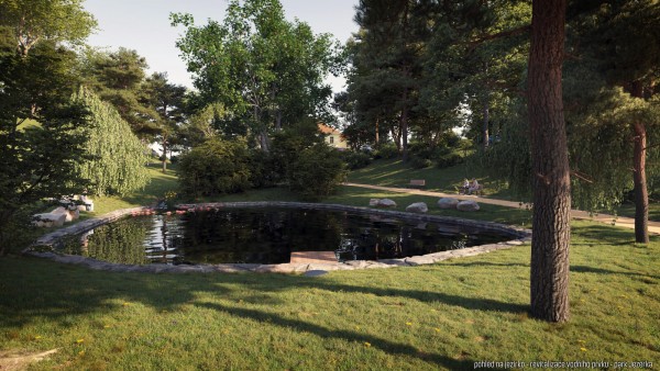 Pohled na jezírko od východu od stavidla směrem proti proudu roku k divadlu Jezerka